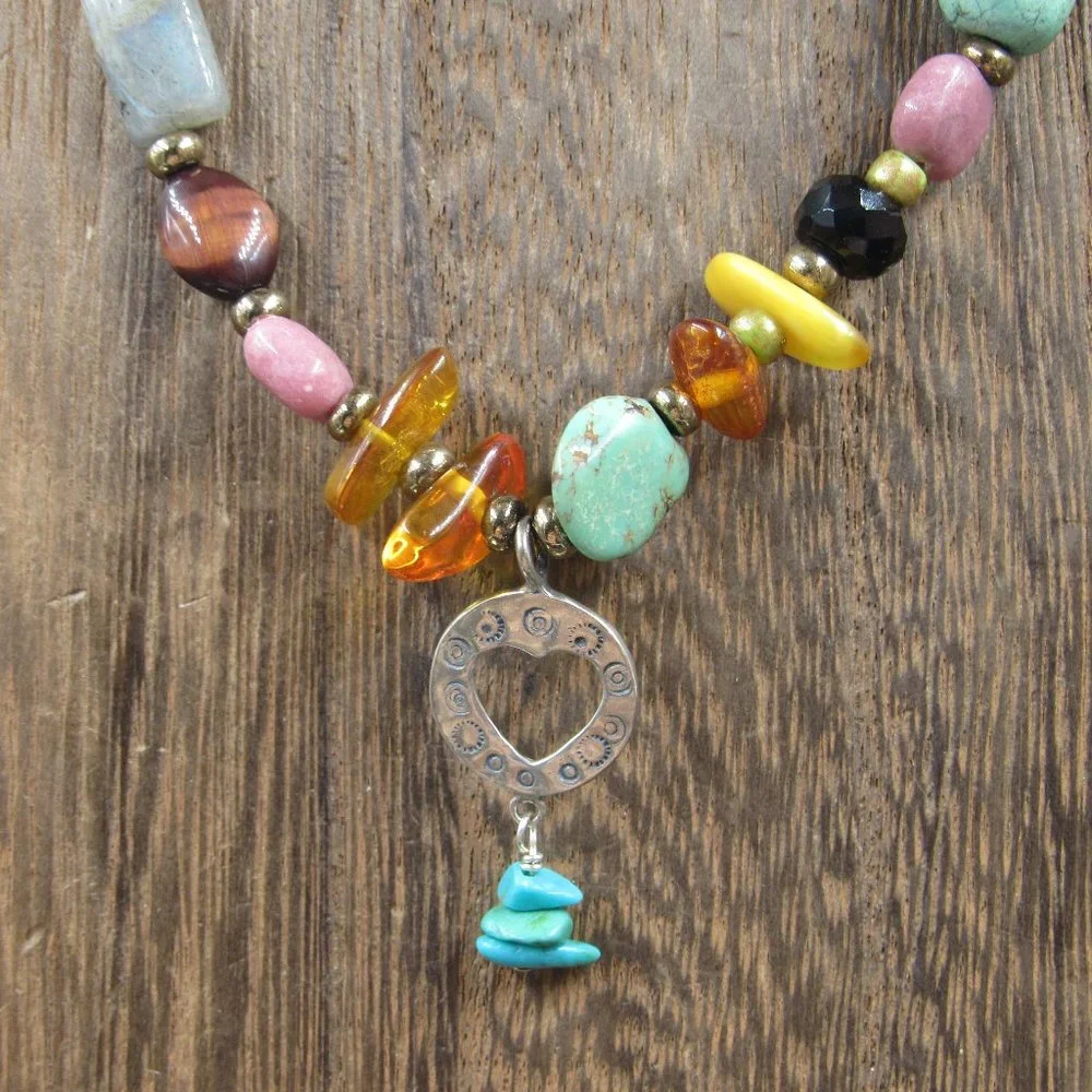 18" Sterling Silver Various Stones Heart Necklace Vintage - Picture 1 of 9